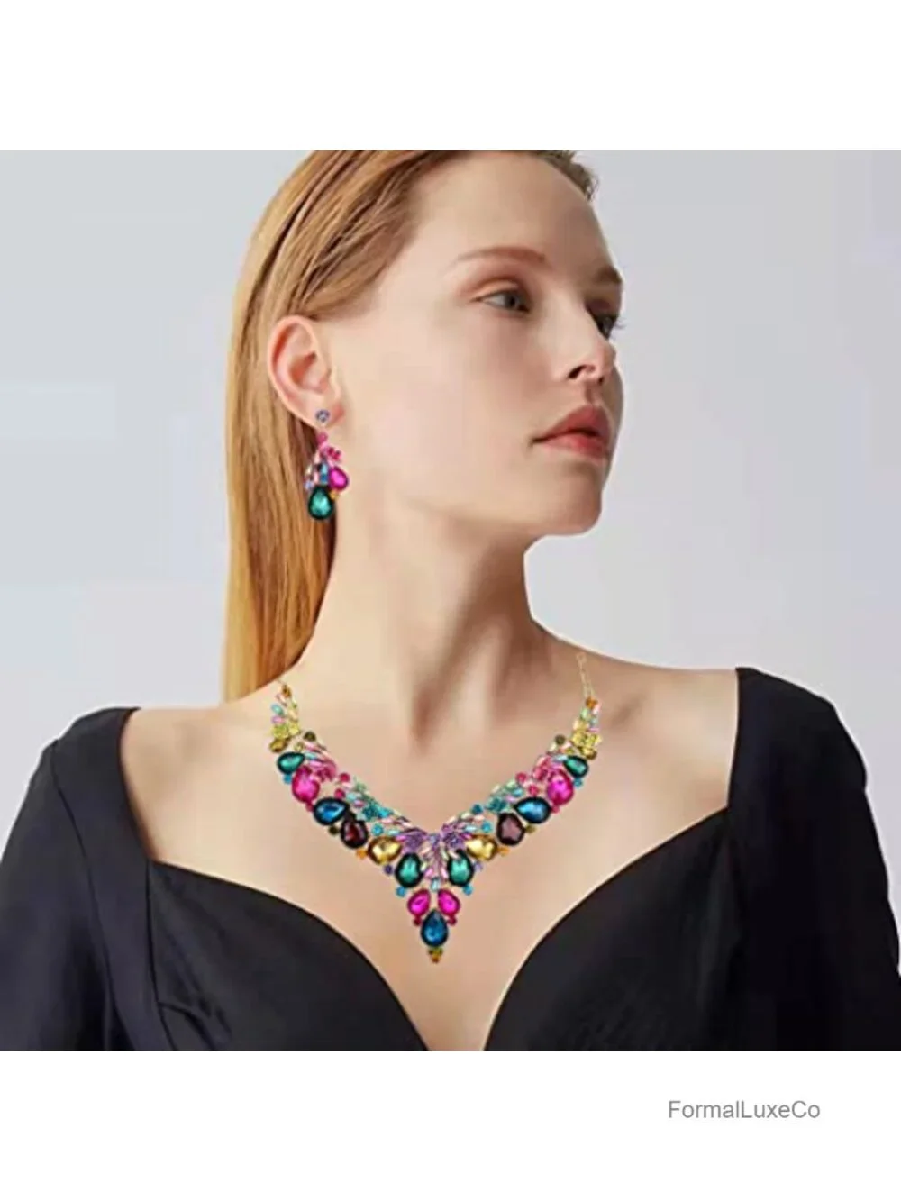 Statement Jewelry Set with Rhinestone Crystal Pearl - 14k Gold Plated